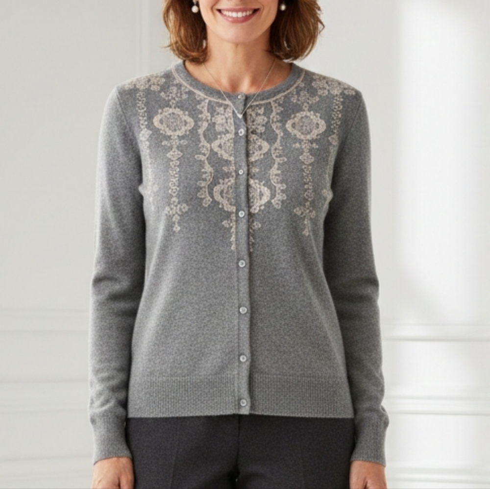 EUC Garnet Hill Size XS 100% Cashmere Embroidered Gray Cardigan!